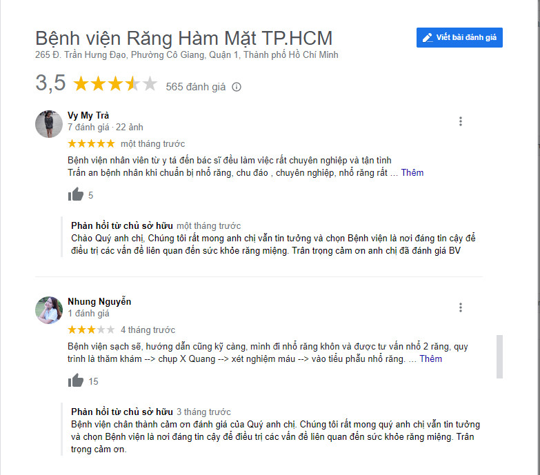 Review khách hàng đã làm răng tại Bệnh viện Răng Hàm Mặt TPHCM (Ảnh từ google)