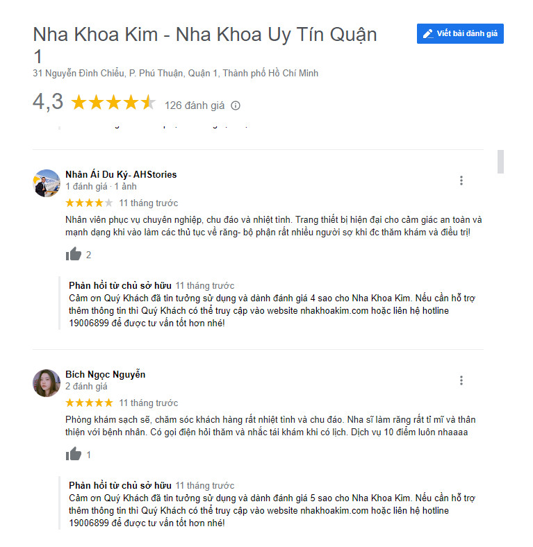 Review khách hàng đã làm răng tại Nha khoa Kim (Ảnh từ google)