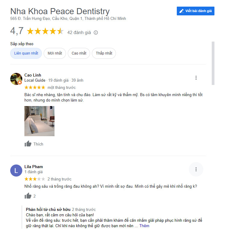 Review khách hàng đã làm răng tại Nha khoa Peace Dentistry (Ảnh từ google)