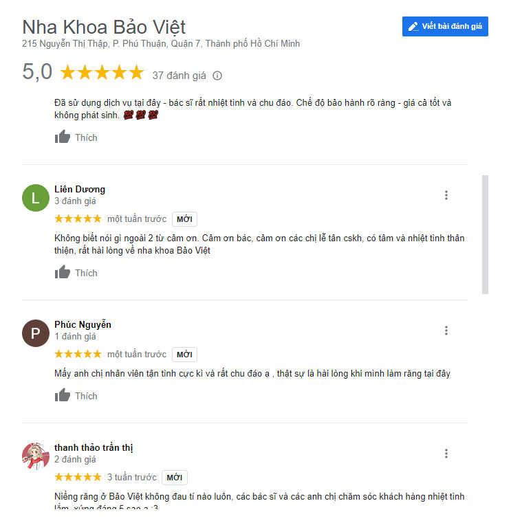 Review khách hàng đã làm răng tại Nha khoa Bảo Việt (Ảnh từ google)