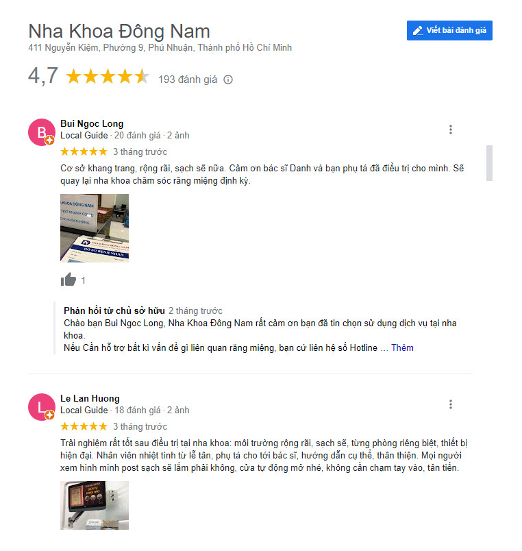 Review khách hàng đã làm răng tại Nha khoa Đông Nam (Ảnh từ google)