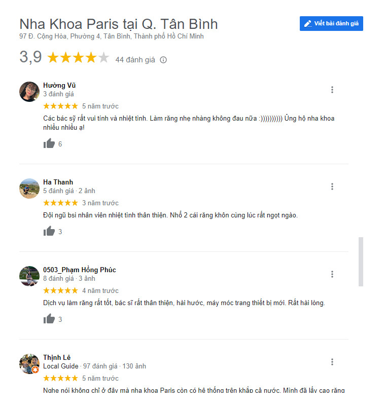 Review khách hàng đã bọc răng sứ tại Nha khoa Paris(Ảnh chụp từ Google)