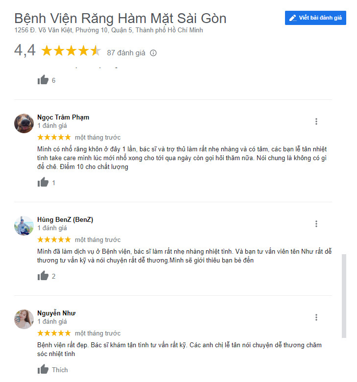 Review khách hàng đã bọc răng sứ giá rẻ tại Bệnh viện RHM Sài Gòn (Ảnh chụp từ google)